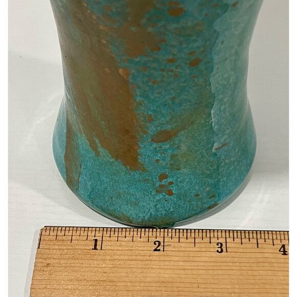Pisgah Forest Pottery 1950's Trumpet 6.75" Tall Turquoise Gold Vase with Pink - Picture 12 of 14